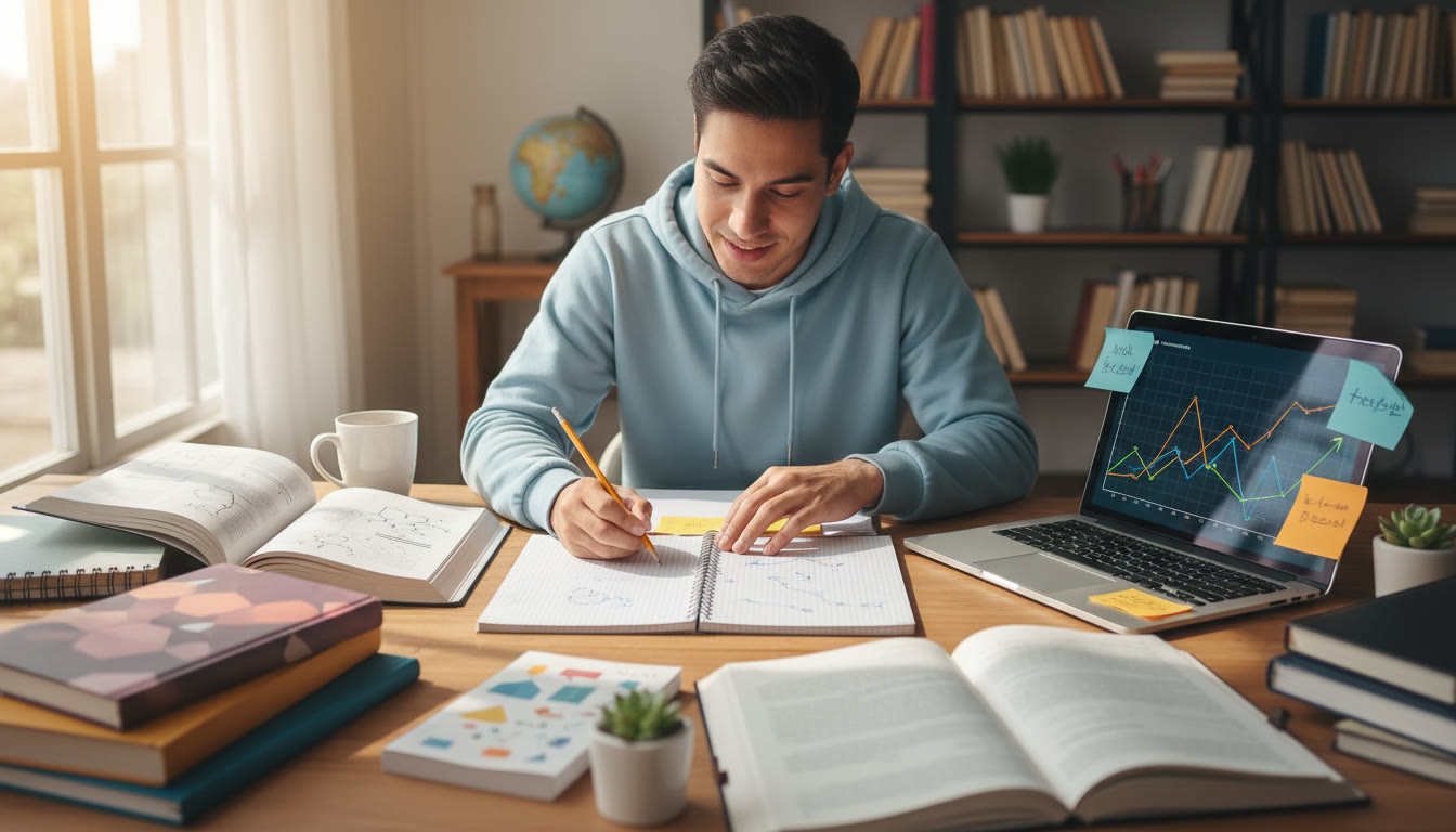 Photo Idea : A focused student at a desk surrounded by open notebooks and a laptop, highlighting text and annotating graphs