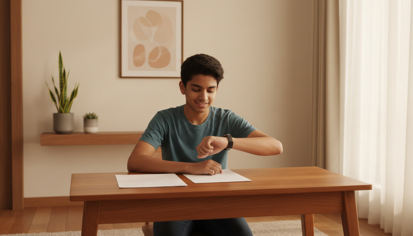 Photo Idea : A student in exam posture, glancing at a watch while seated at a test desk, focused and calm.