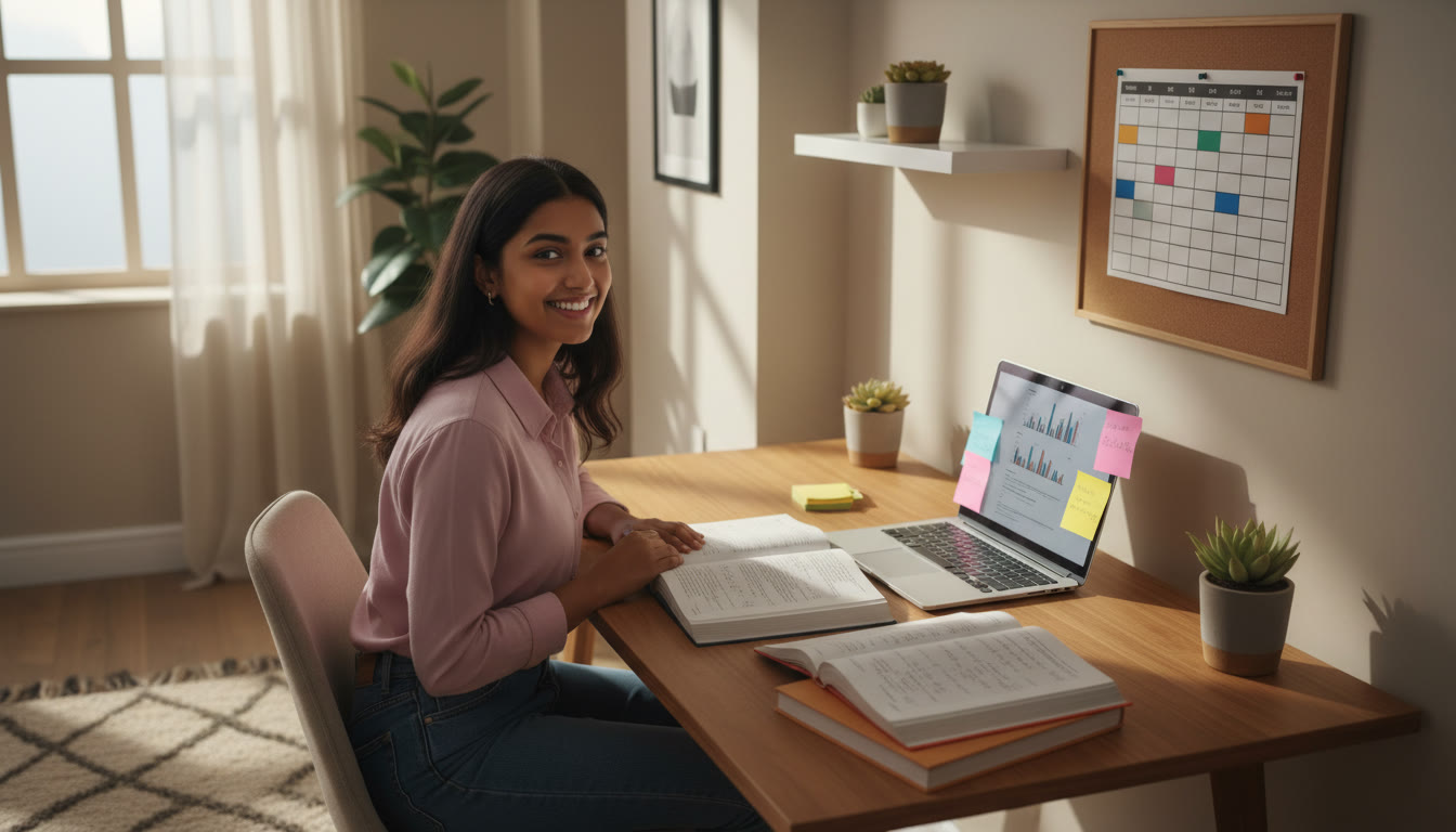Photo Idea : Student at a tidy study desk with open physics and maths books, sticky notes on a laptop, and a visible timetable
