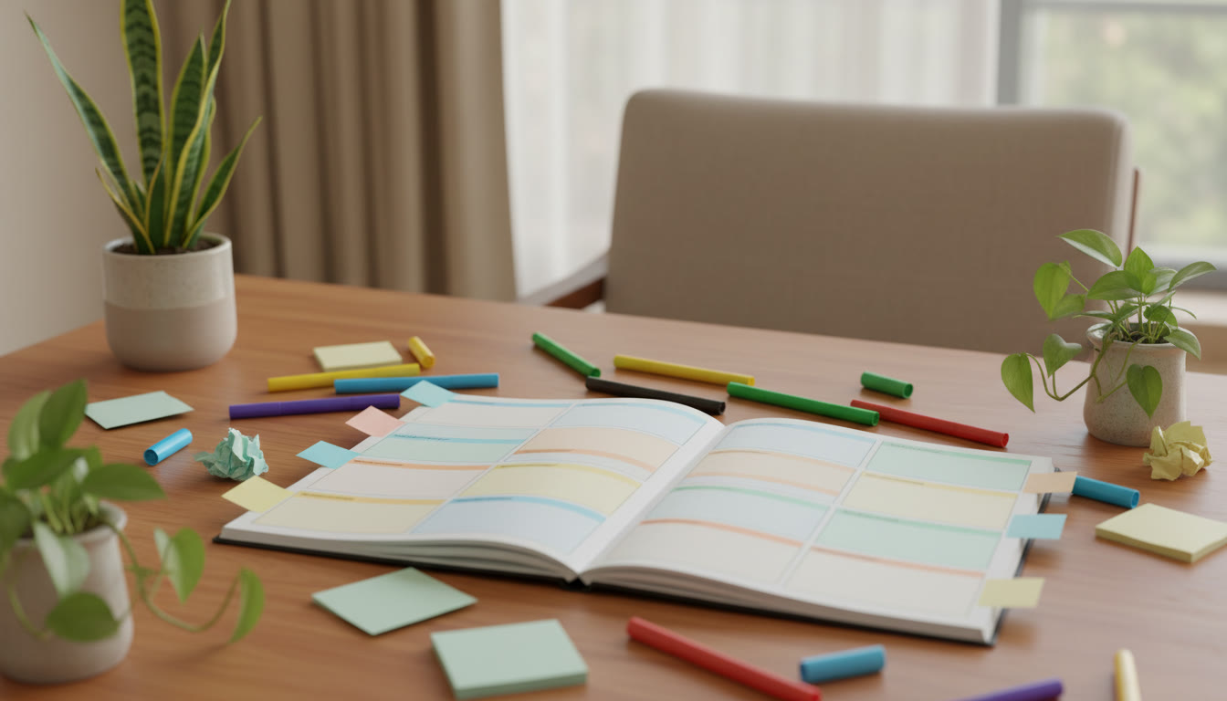 Photo Idea : A two-column study planner with colored markers and sticky notes spread across a table.