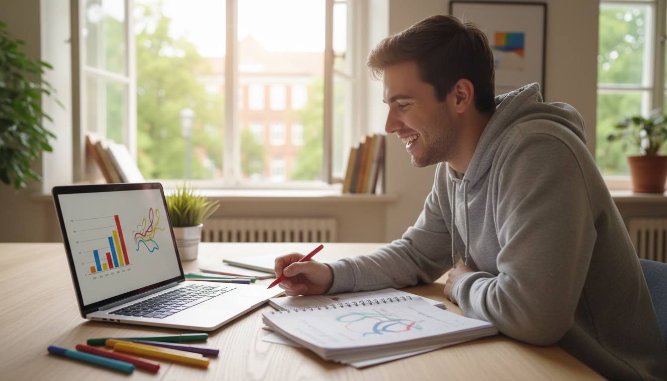 Photo Idea : student reviewing a laptop screen with a printed draft and colored pens