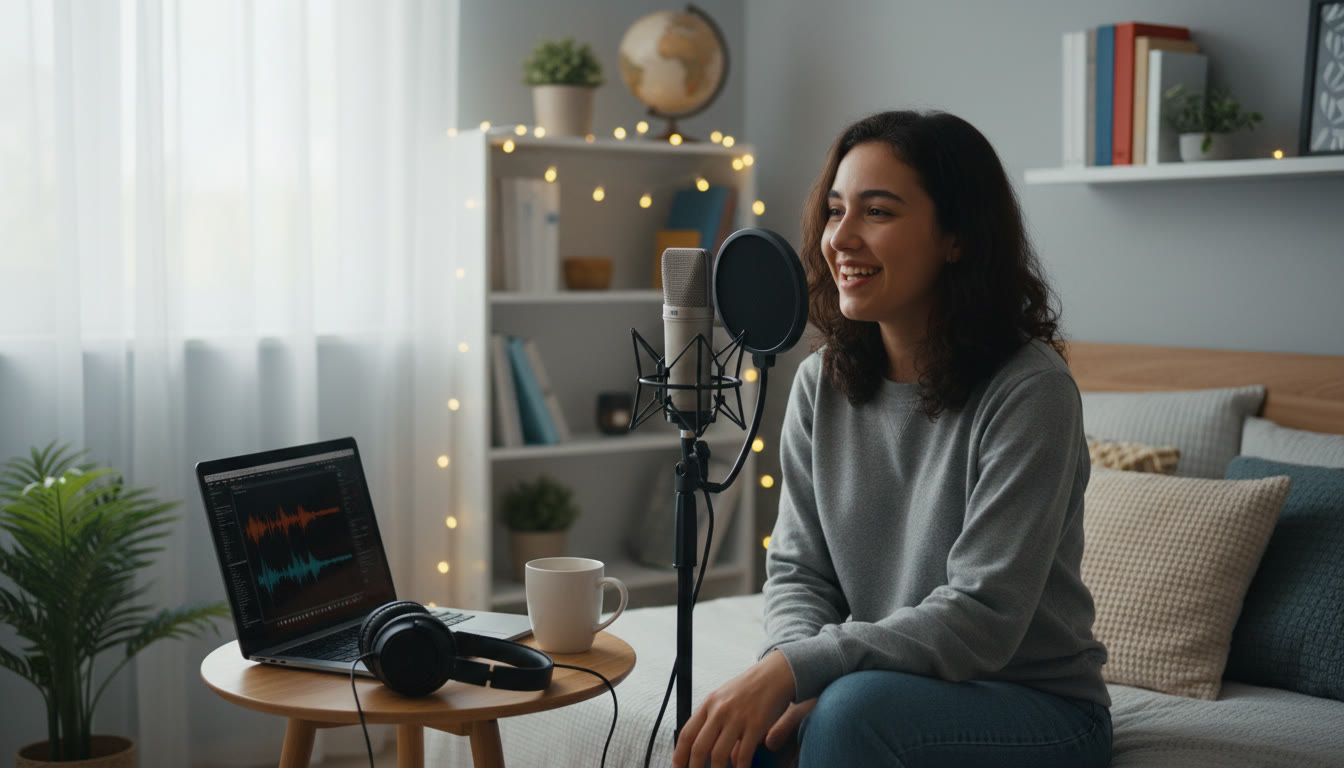 Photo Idea : Student speaking into a microphone in a cozy bedroom makeshift podcast studio