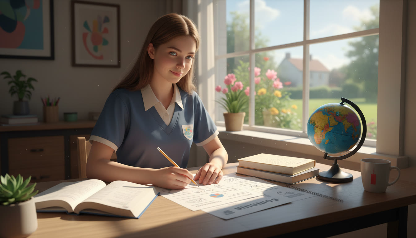 Photo Idea : Student at a desk with a mock exam paper, pencil poised, natural light streaming through a window