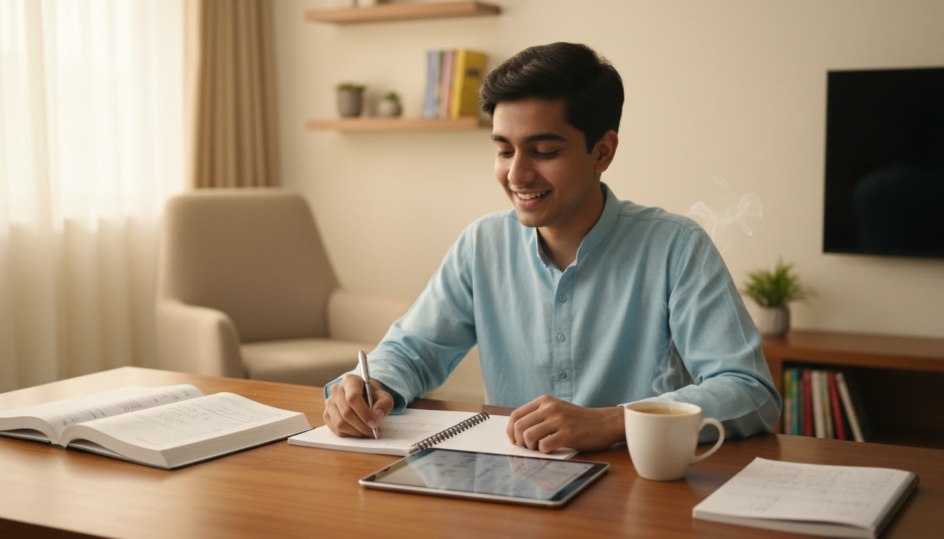 Photo Idea : A focused student at a desk with school books and JEE notes open, a planner and a cup of tea by the side