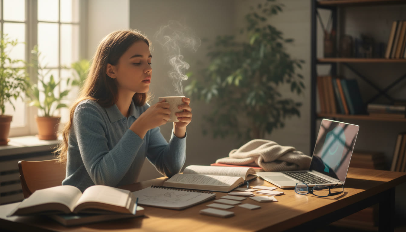 Photo Idea : A student at a desk with scattered notes, a laptop, and a warm mug — mid-breath, looking reflective rather than stressed