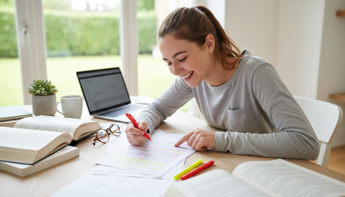 Photo Idea : Student at a desk reviewing a marked IB essay with red pens and highlighters