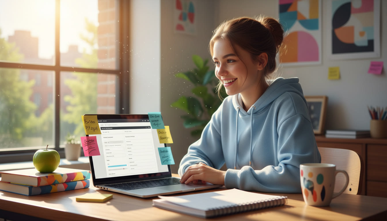 Photo Idea : A student sitting at a desk with textbooks, a laptop showing a college application form, and sticky notes with deadlines