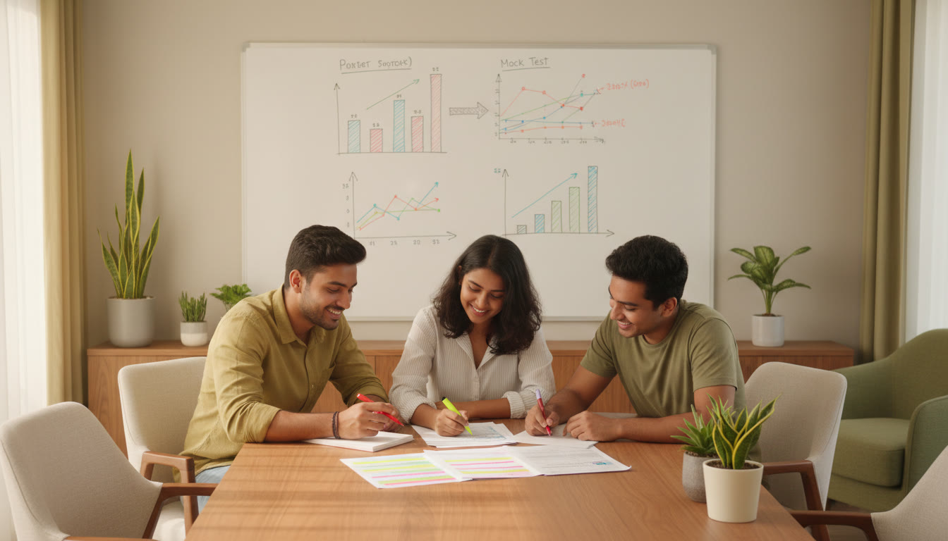 Photo Idea : A small study group analyzing a printed mock test with highlighters and a whiteboard showing performance graphs.