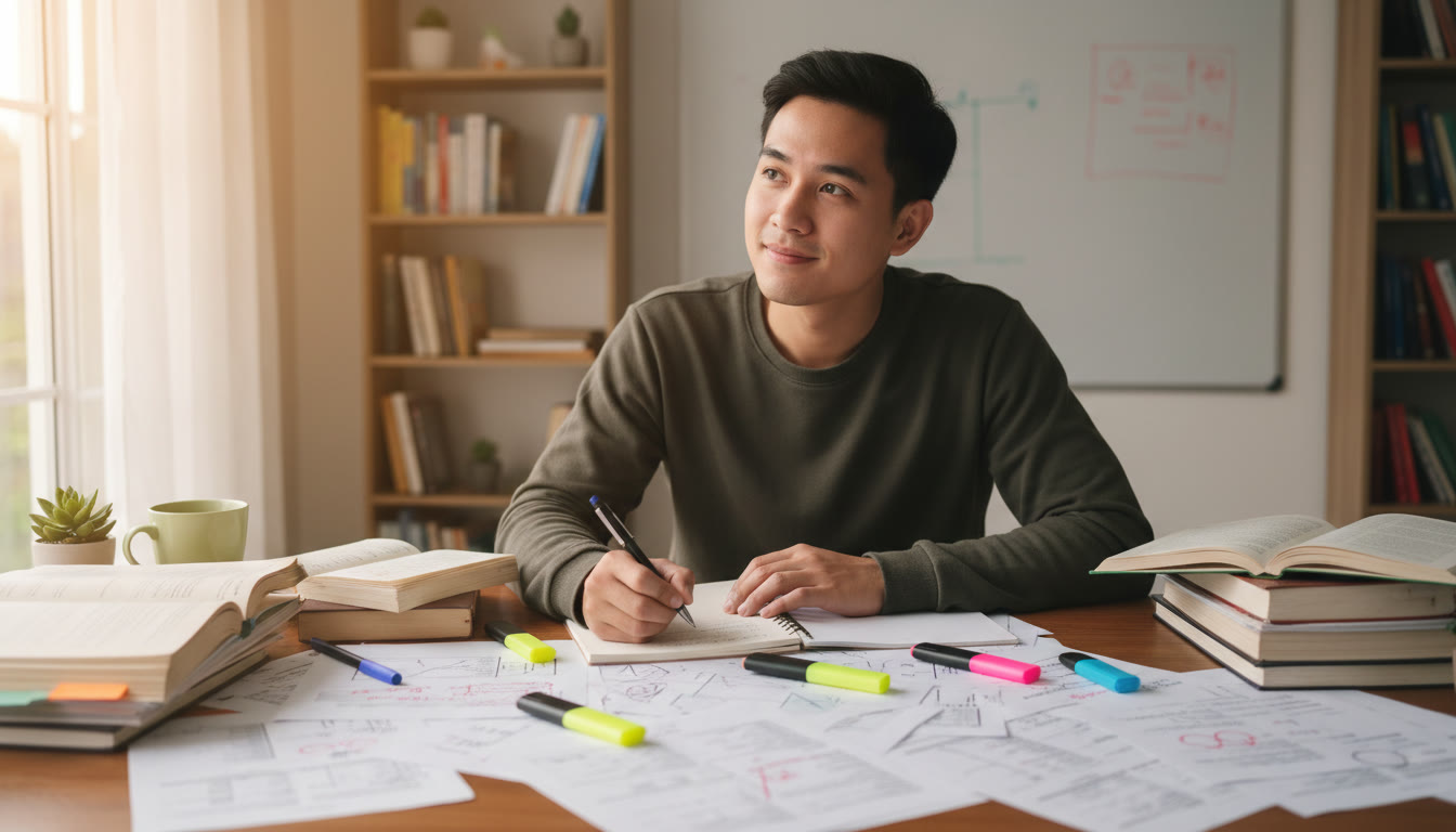 Photo Idea : a student at a desk surrounded by mock exam papers and colored highlighters, looking thoughtful while taking notes