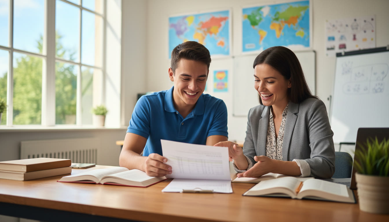 Photo Idea : Student and teacher reviewing a grade sheet together in a bright classroom