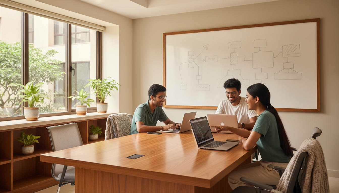 Photo Idea : Students collaborating on a coding project in a bright campus lab with whiteboards and laptops.