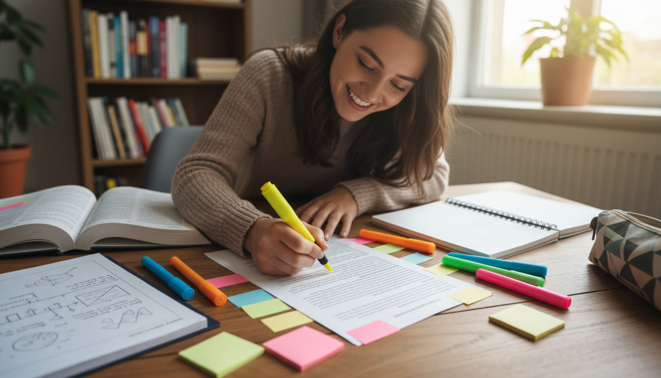 Photo Idea : Student annotating a printed passage with colored highlighters, sticky notes, and a notebook