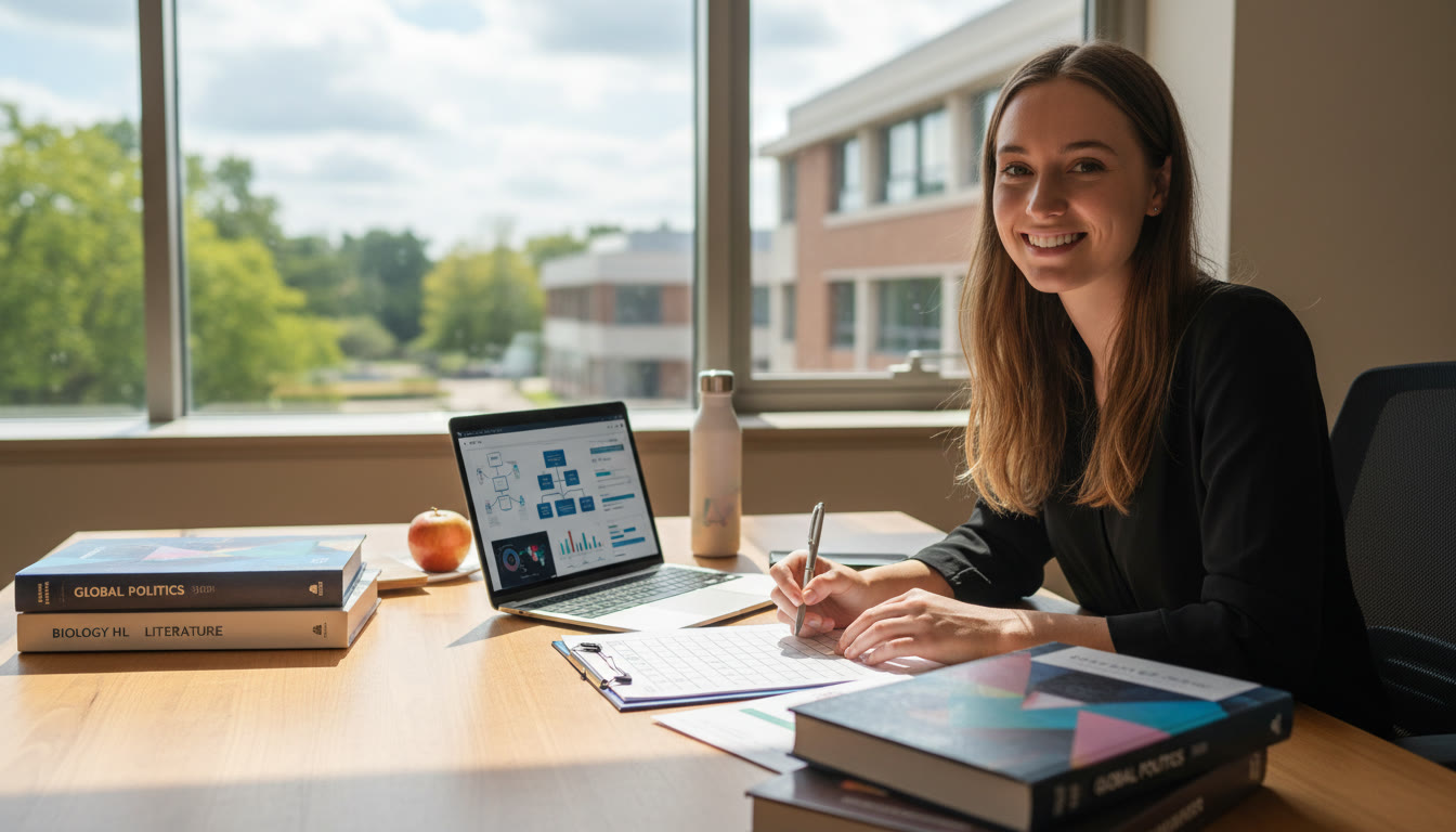 Photo Idea : A confident IB student at a desk, surrounded by textbooks and a laptop, filling out application checklists.