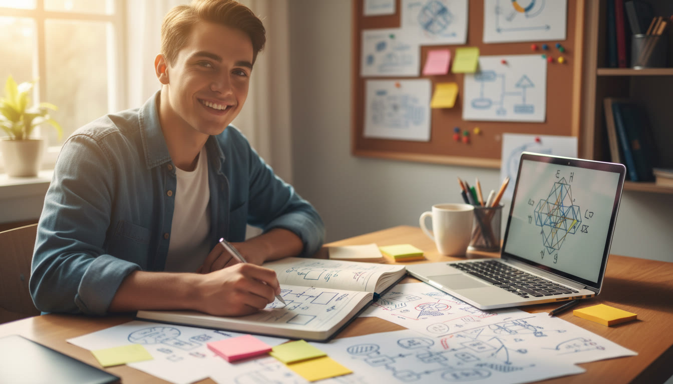 Photo Idea : student at a desk surrounded by IB notes, laptop open, hand sketching a research plan