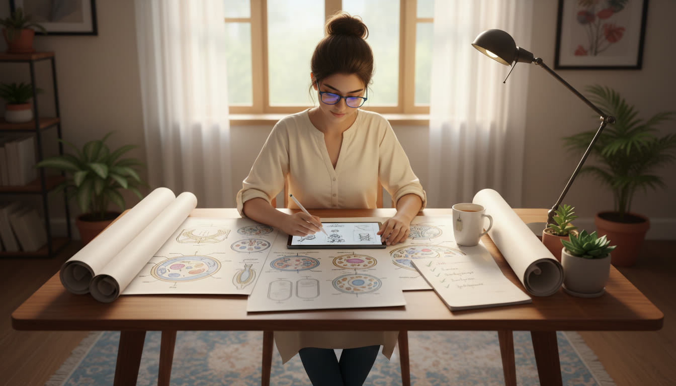 Photo Idea : A focused student at a desk surrounded by neat biology diagrams and a simple checklist