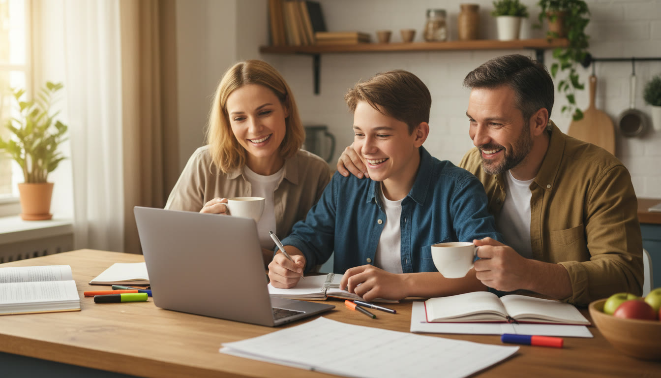 Photo Idea : Parents and a teenage student gathered around a kitchen table with notebooks and a laptop, planning the two-year IB timeline