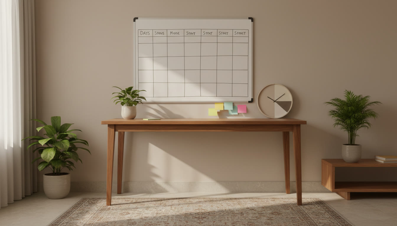 Photo Idea : A whiteboard with a week-by-week study plan, sticky notes, and a clock indicating structured timing