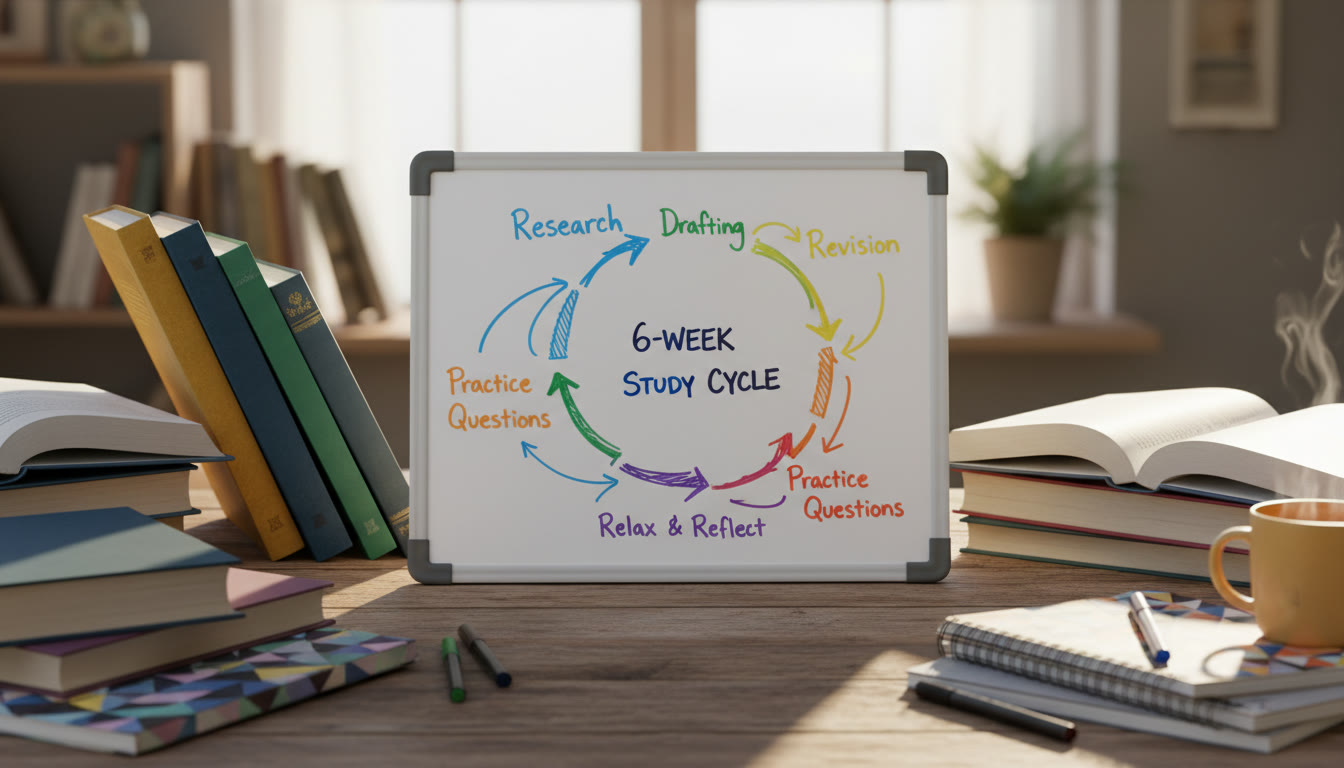 Photo Idea : A small whiteboard with a 6-week study cycle drawn in coloured markers, surrounded by textbooks and notebooks