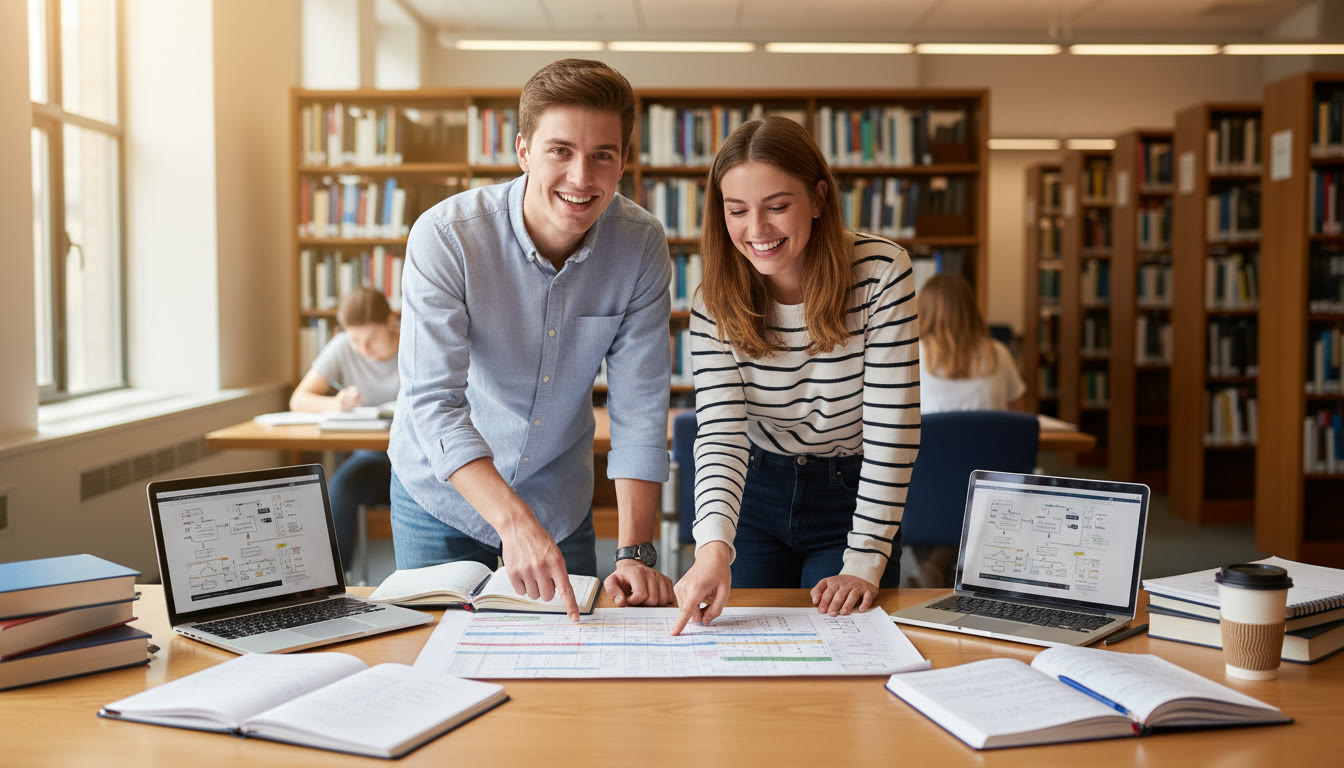 Photo Idea : Two IB students sitting at a sunlit library table surrounded by notebooks and laptops, pointing at a degree planning chart