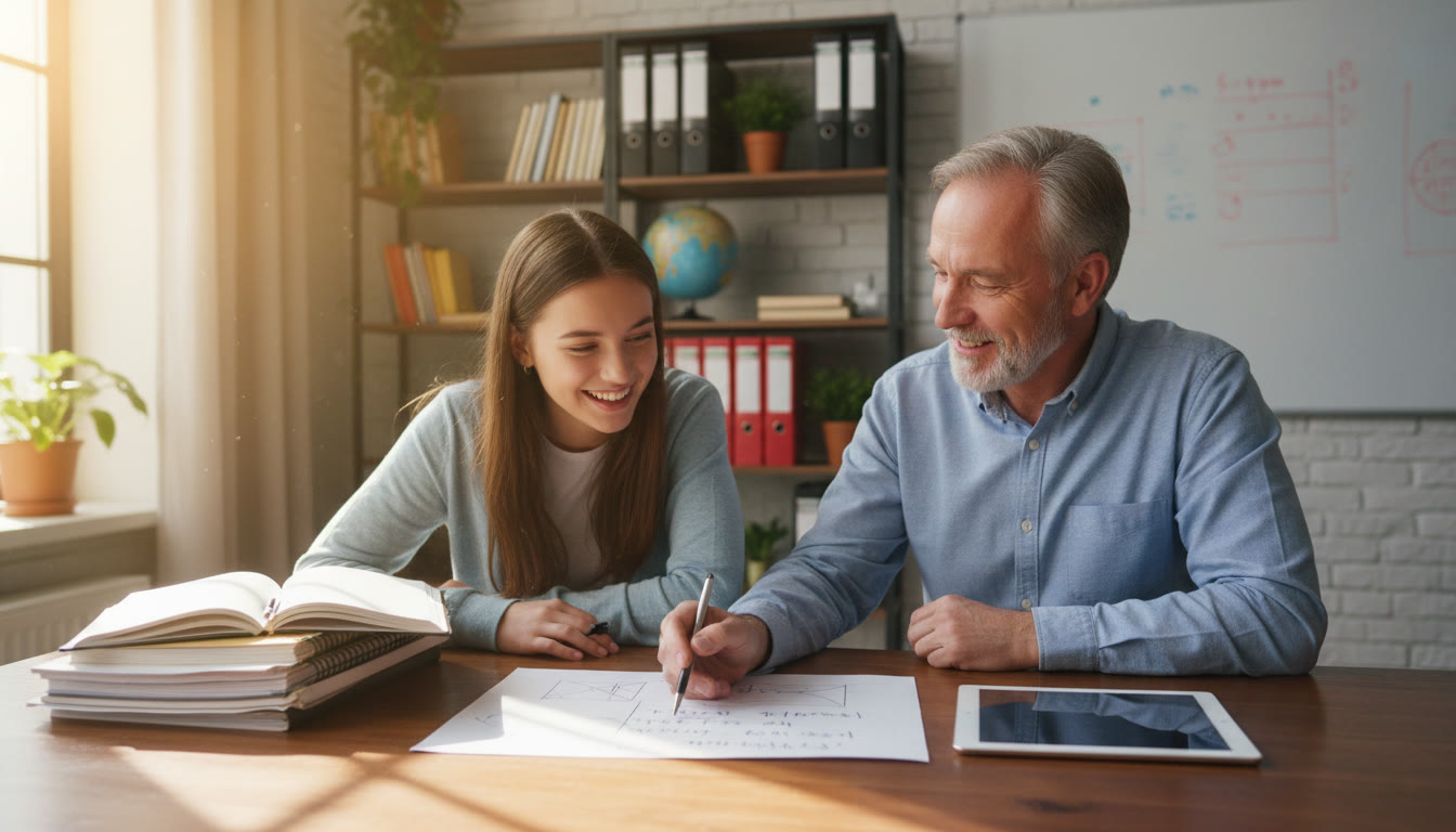 Photo Idea : Student in a one-on-one tutoring session with notes open and a mentor pointing at a paper