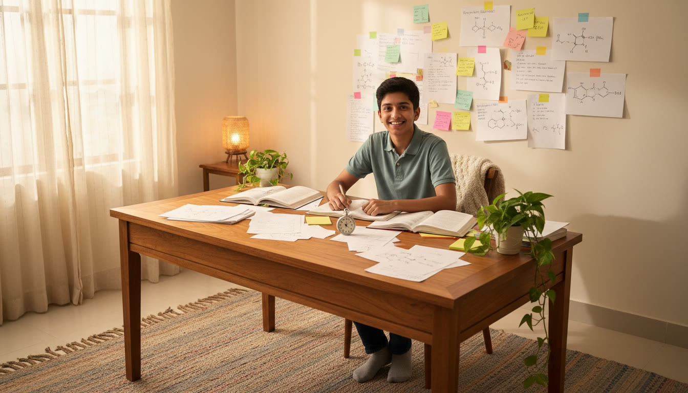 Photo Idea : Student at a study desk surrounded by organic chemistry notes and a stopwatch