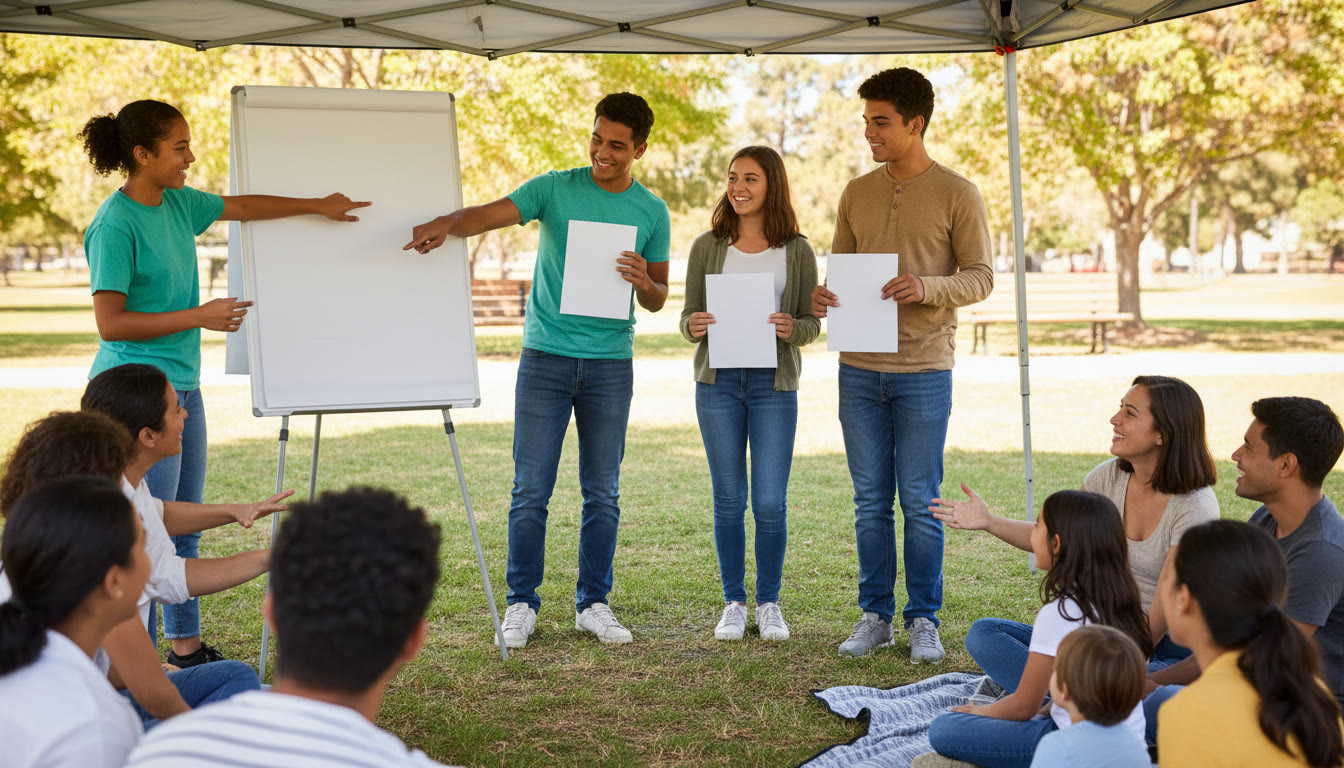 Photo Idea : A small group of students running a casual community workshop with a whiteboard and flyers