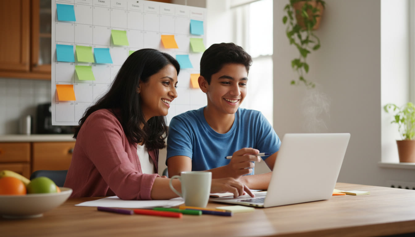 Photo Idea : parent and teenager at kitchen table with laptop, calendar and sticky notes