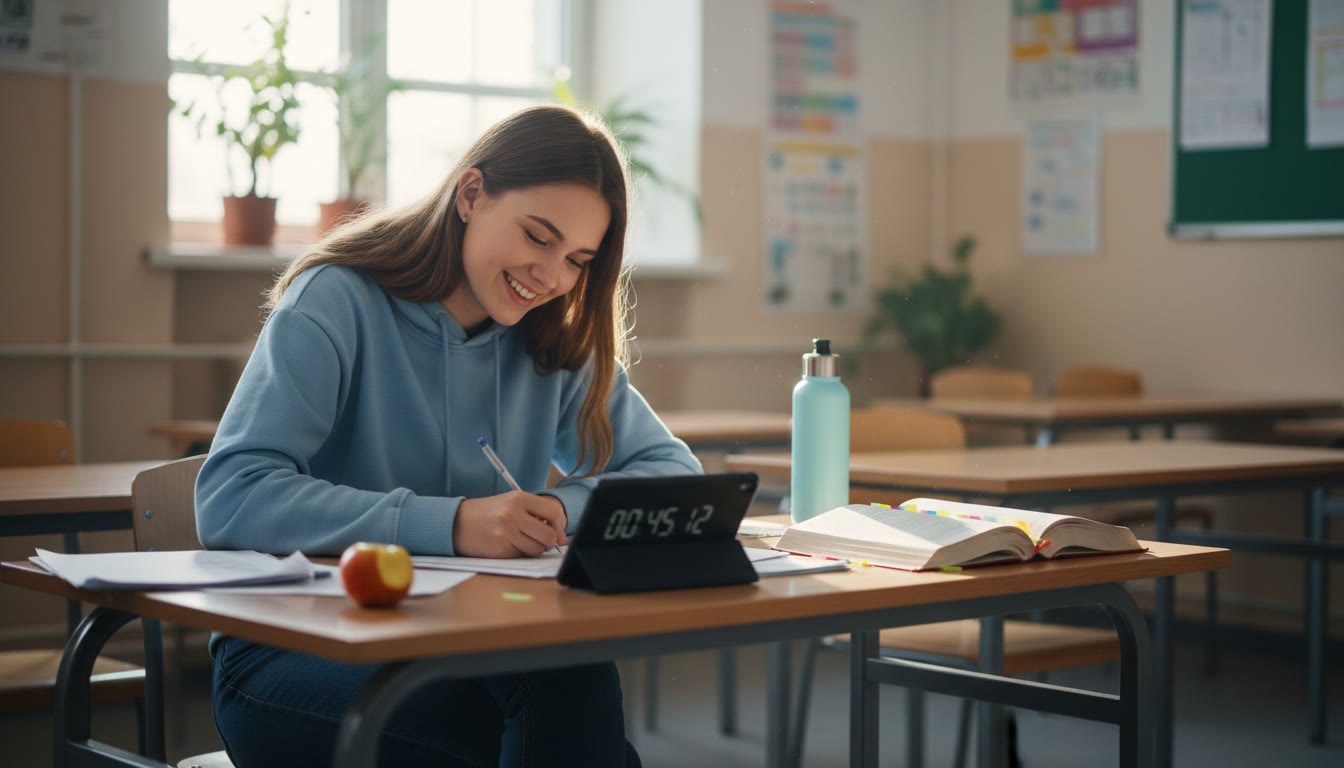 Photo Idea : Student taking a timed mock exam in a quiet classroom