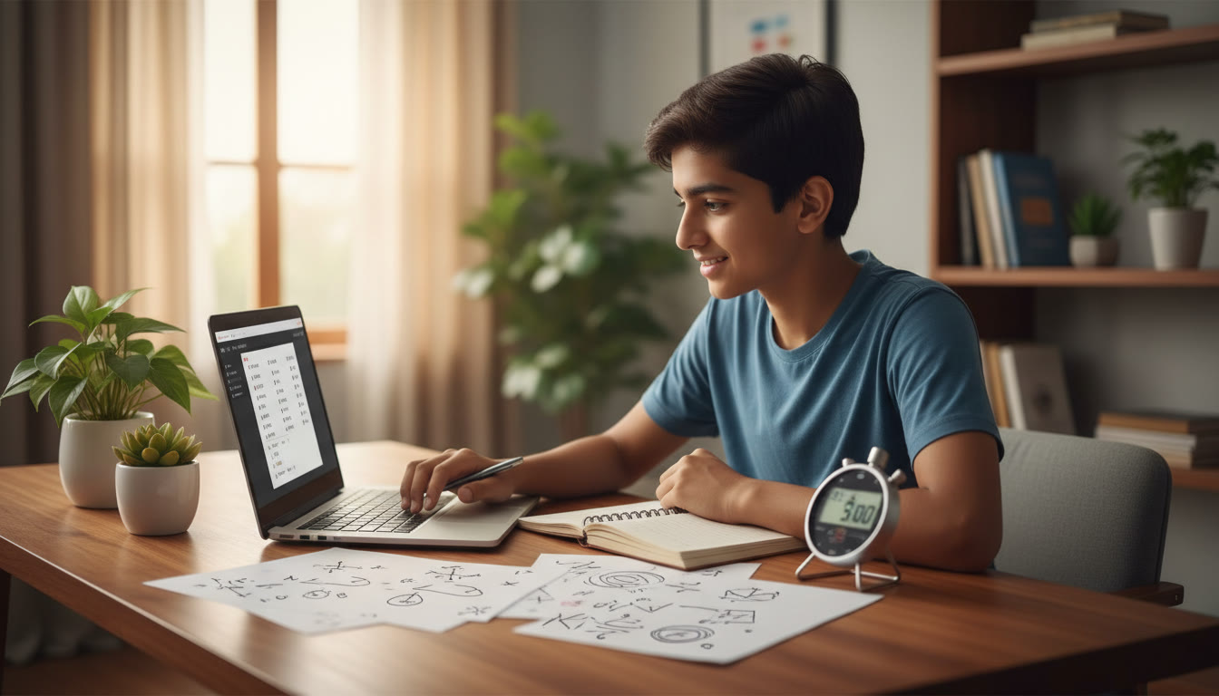 Photo Idea : A focused student at a laptop taking a timed computer-based mock test with a stopwatch and scattered physics, chemistry, and math notes