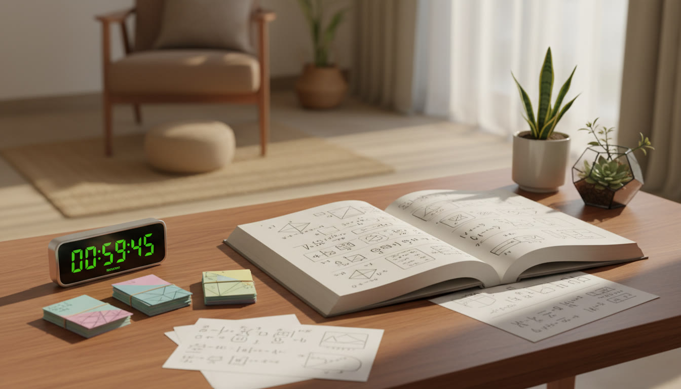 Photo Idea : a timer next to neatly organized flashcards and a single open reference book with solved problem sheets