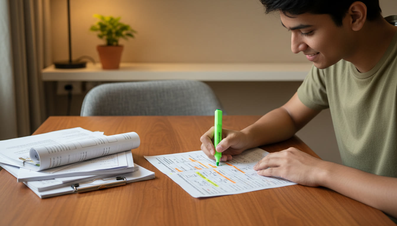 Photo Idea : A student marking up a one-page physics revision sheet with highlighted formulas and a small stack of past-paper printouts nearby