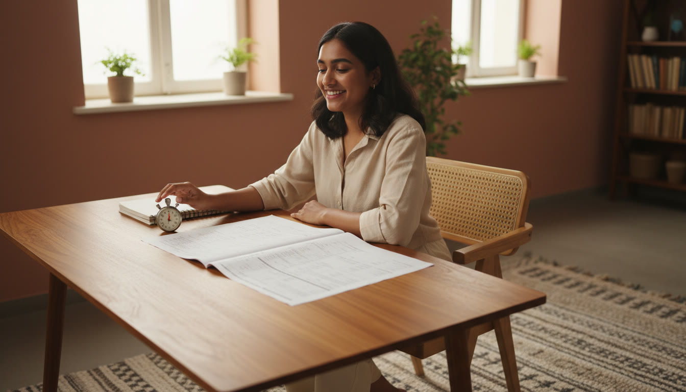 Photo Idea : A student sitting at a table with a stopwatch, full-length mock paper, and an error log notebook