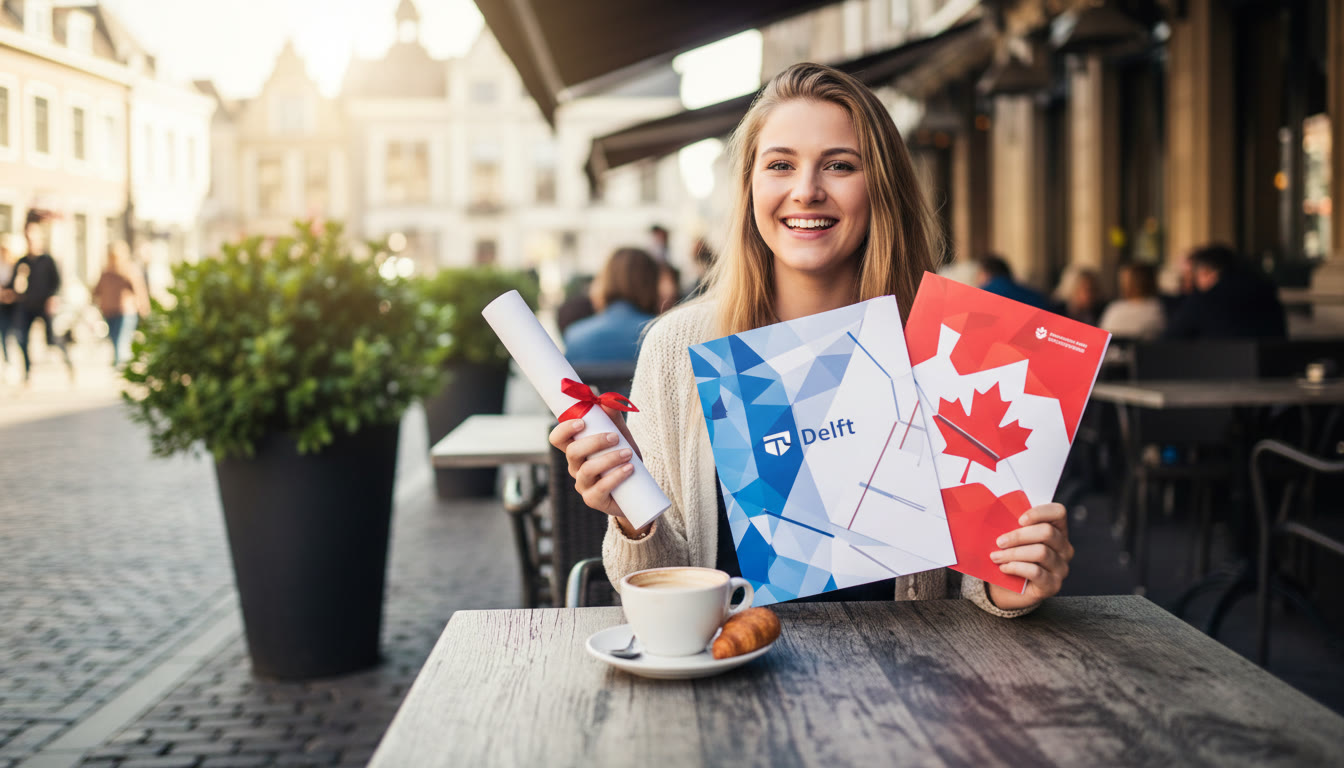 Photo Idea : Student holding an IB diploma and brochures for TU Delft and a Canadian university, seated at a café table