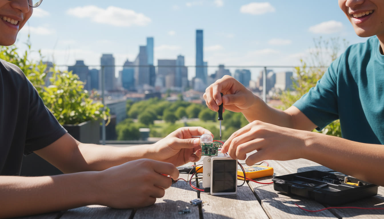 Photo Idea : Close-up of hands assembling a simple environmental sensor on a rooftop