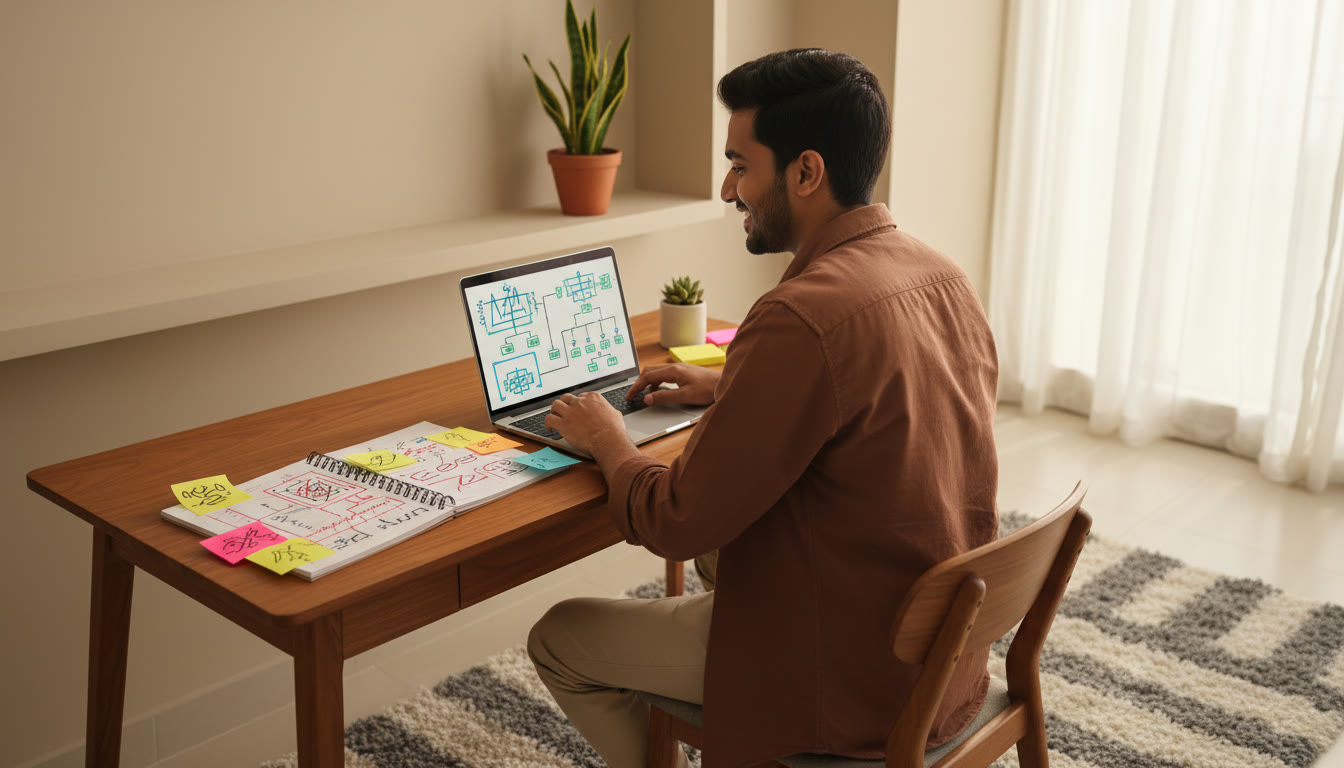 Photo Idea : A student at a desk with an open laptop, error-log notebook, and colorful sticky notes highlighting problem areas
