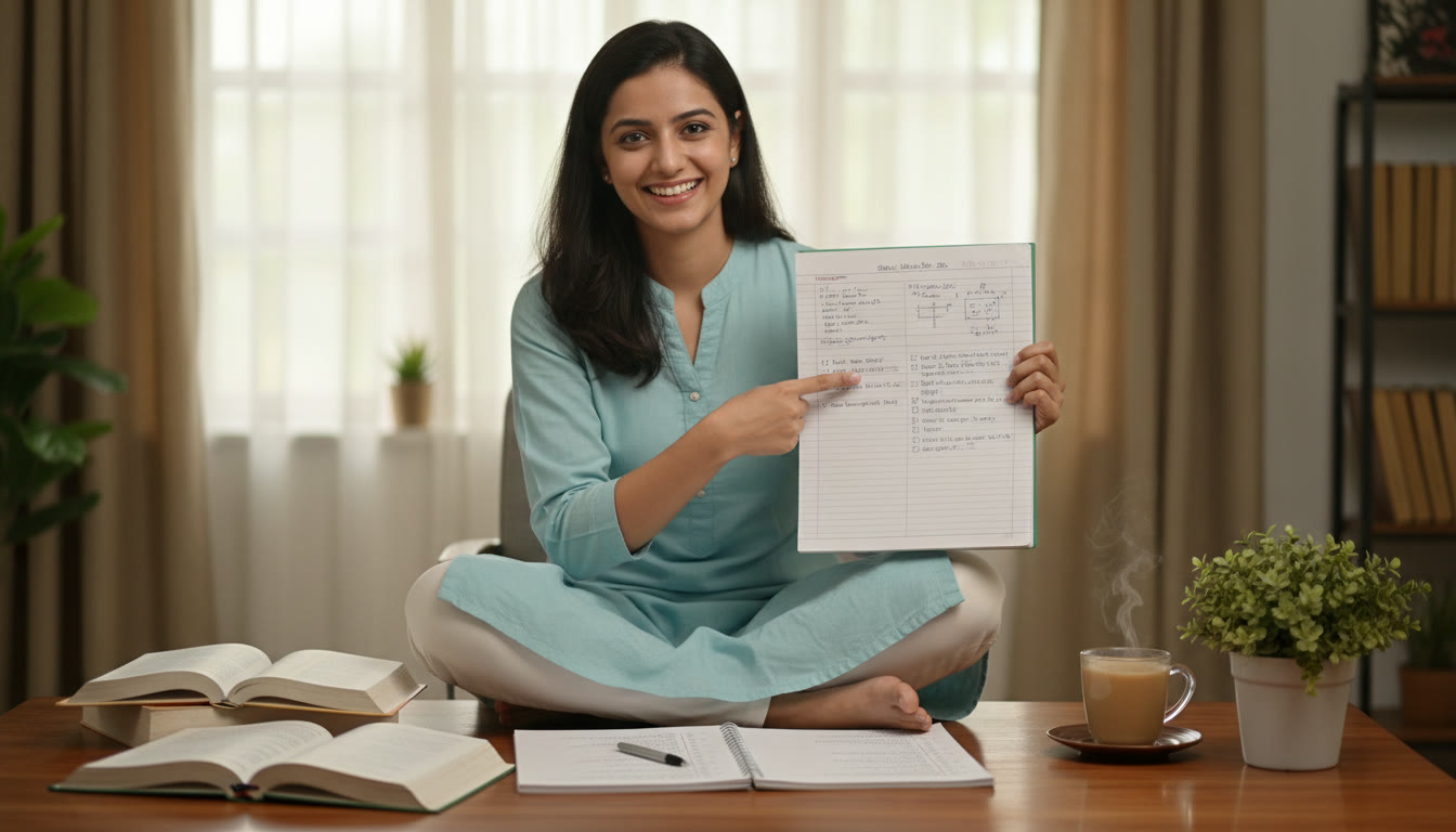 Photo Idea : Student comparing ISC notes with a NEET checklist laid out on a desk