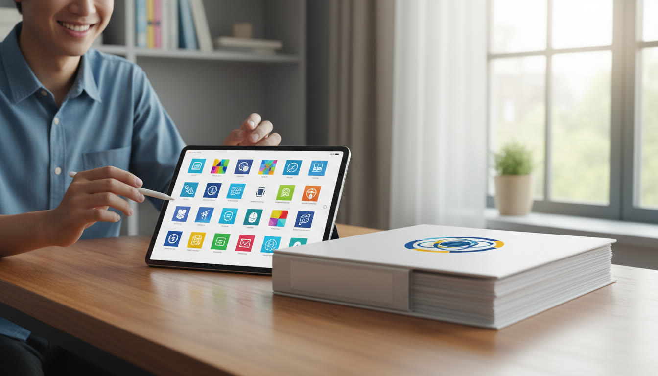 Photo Idea : A clean screenshot of a digital portfolio index on a tablet next to a labeled physical binder