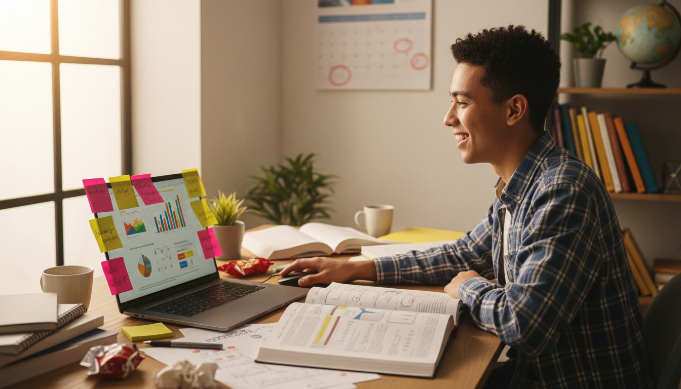 Photo Idea : Student at a cluttered desk with laptop, sticky notes, open textbook, and a calendar with deadlines circled