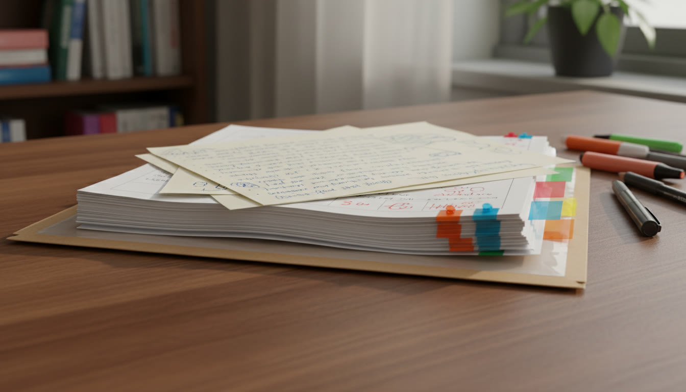 Photo Idea : Neatly organized evidence folder with marked exams, colored tabs, and handwritten reflection notes on top