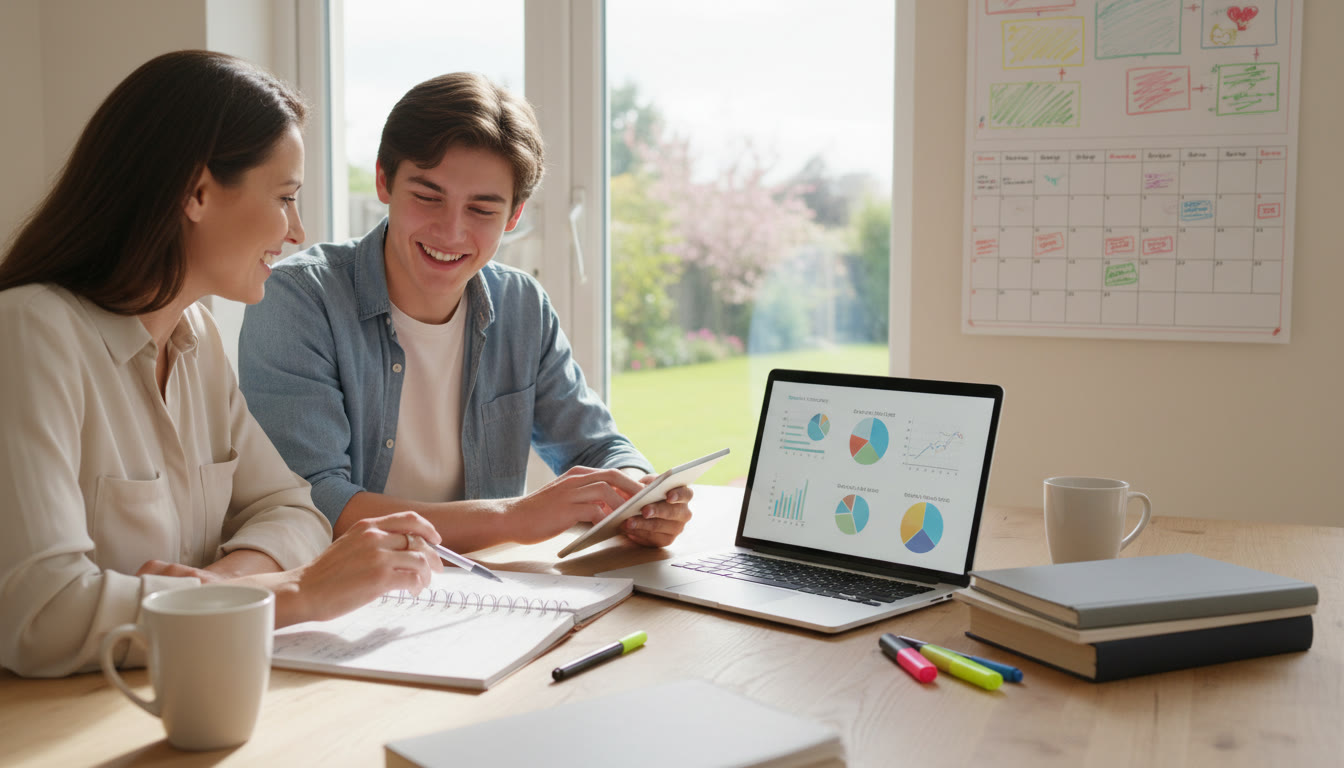 Photo Idea : A parent and student at a kitchen table with notebooks, a laptop, and a calendar laid out