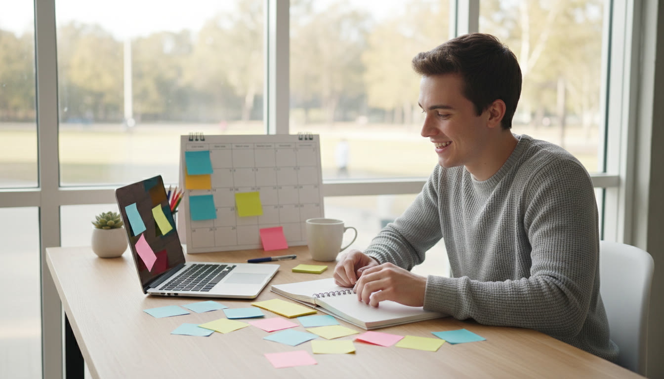 Photo Idea : Student at a desk with a laptop and a notebook, planning a gap year checklist with sticky notes and a calendar
