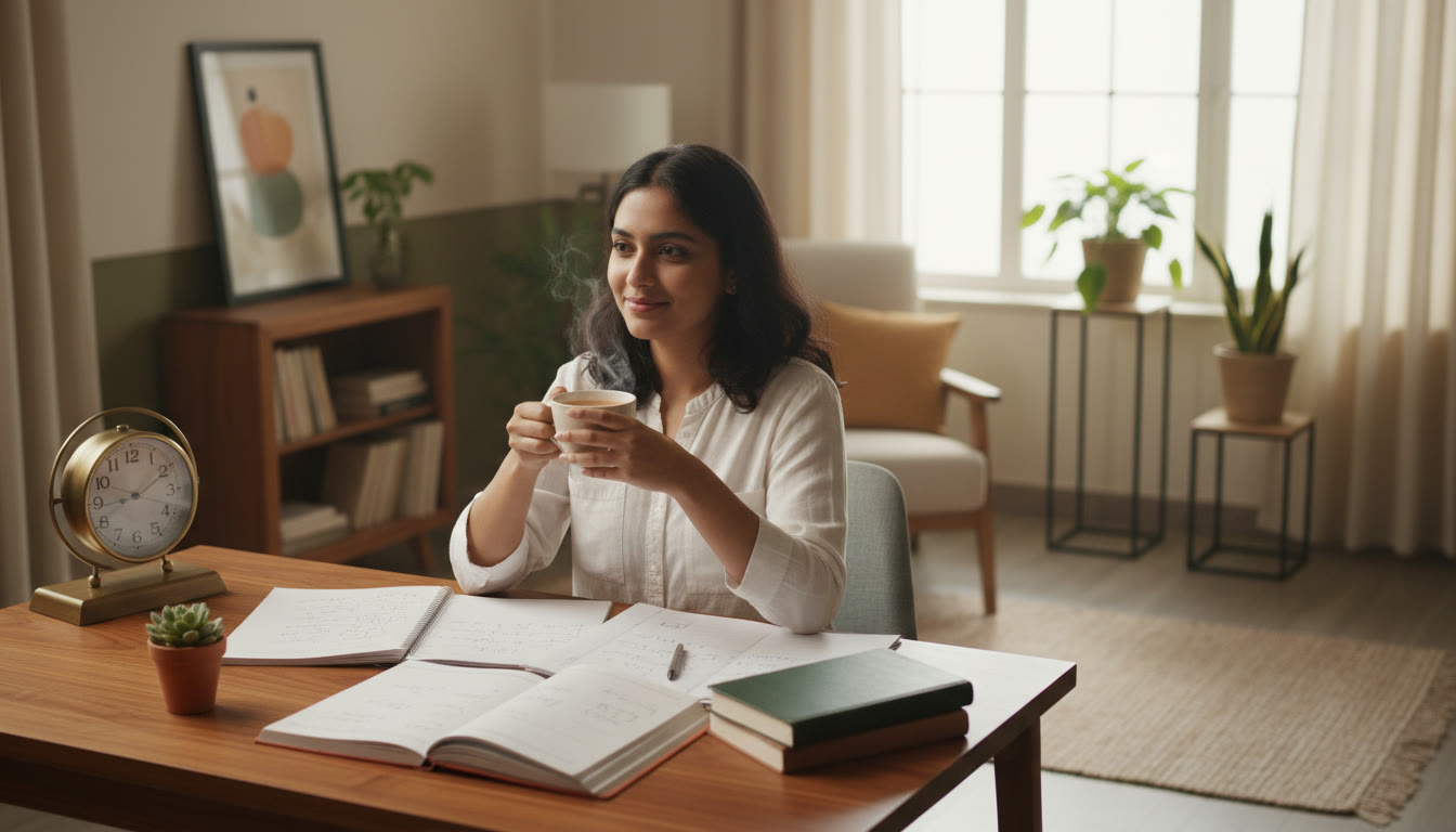 Photo Idea : A calm student at a desk surrounded by notebooks, a clock, and a cup of tea.