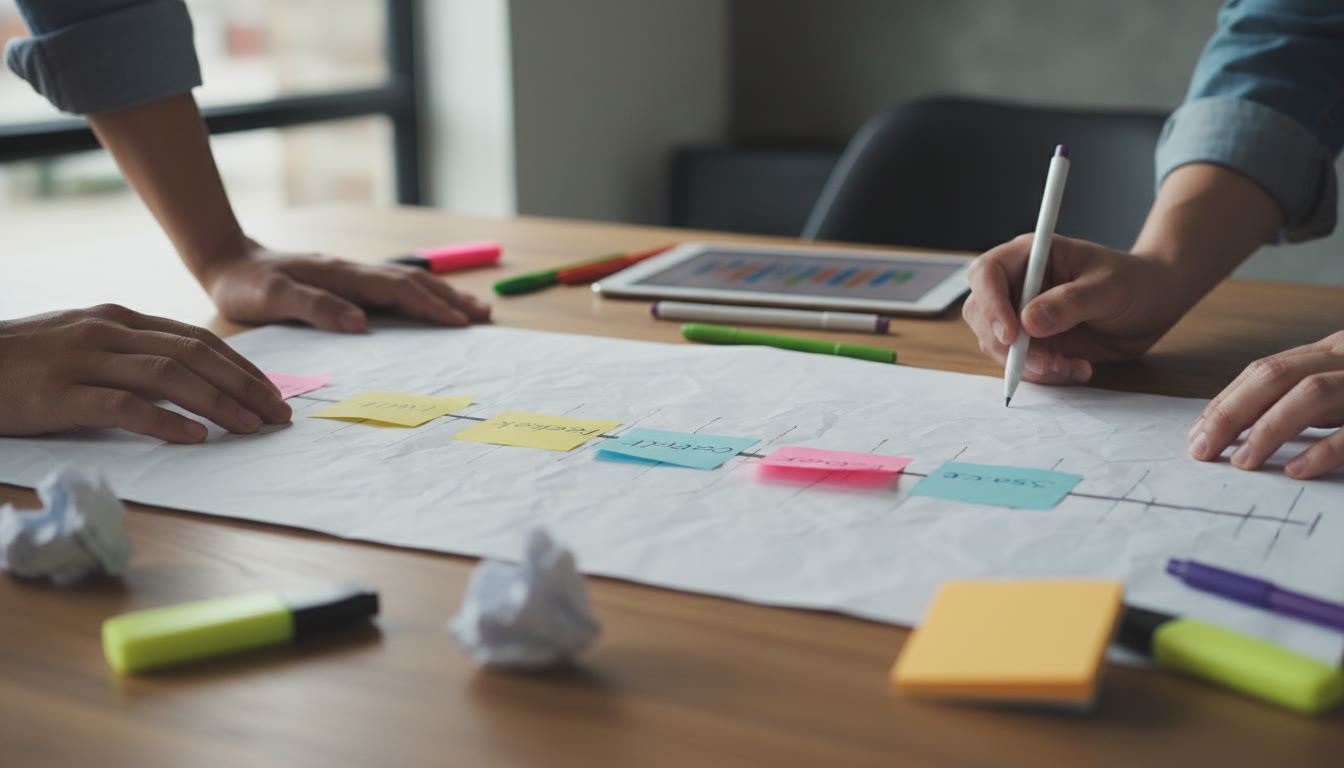 Photo Idea : A close-up of hands planning on a paper timeline with sticky notes labeled 