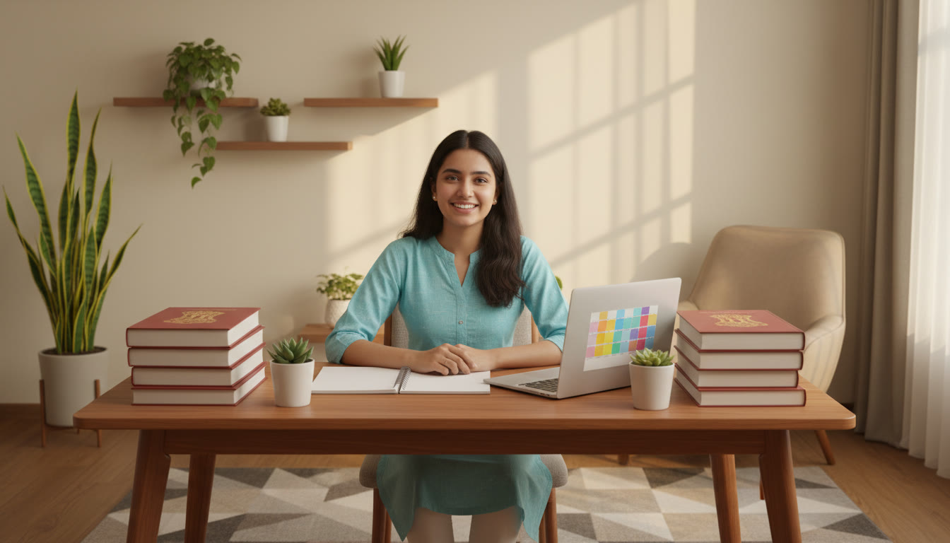 Photo Idea : Student at a tidy desk surrounded by neatly stacked 