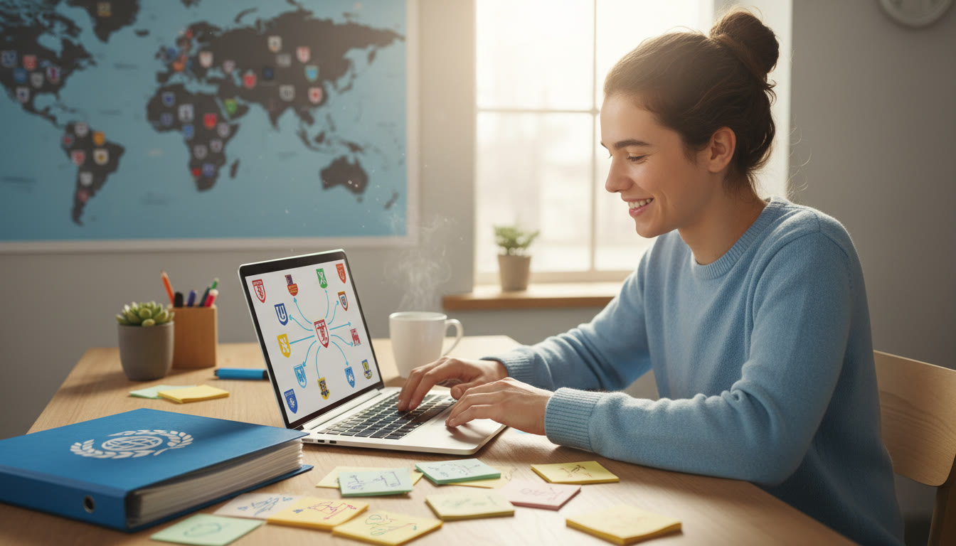 Photo Idea : A focused student at a desk with an IB binder, laptop, and sticky notes mapping university options
