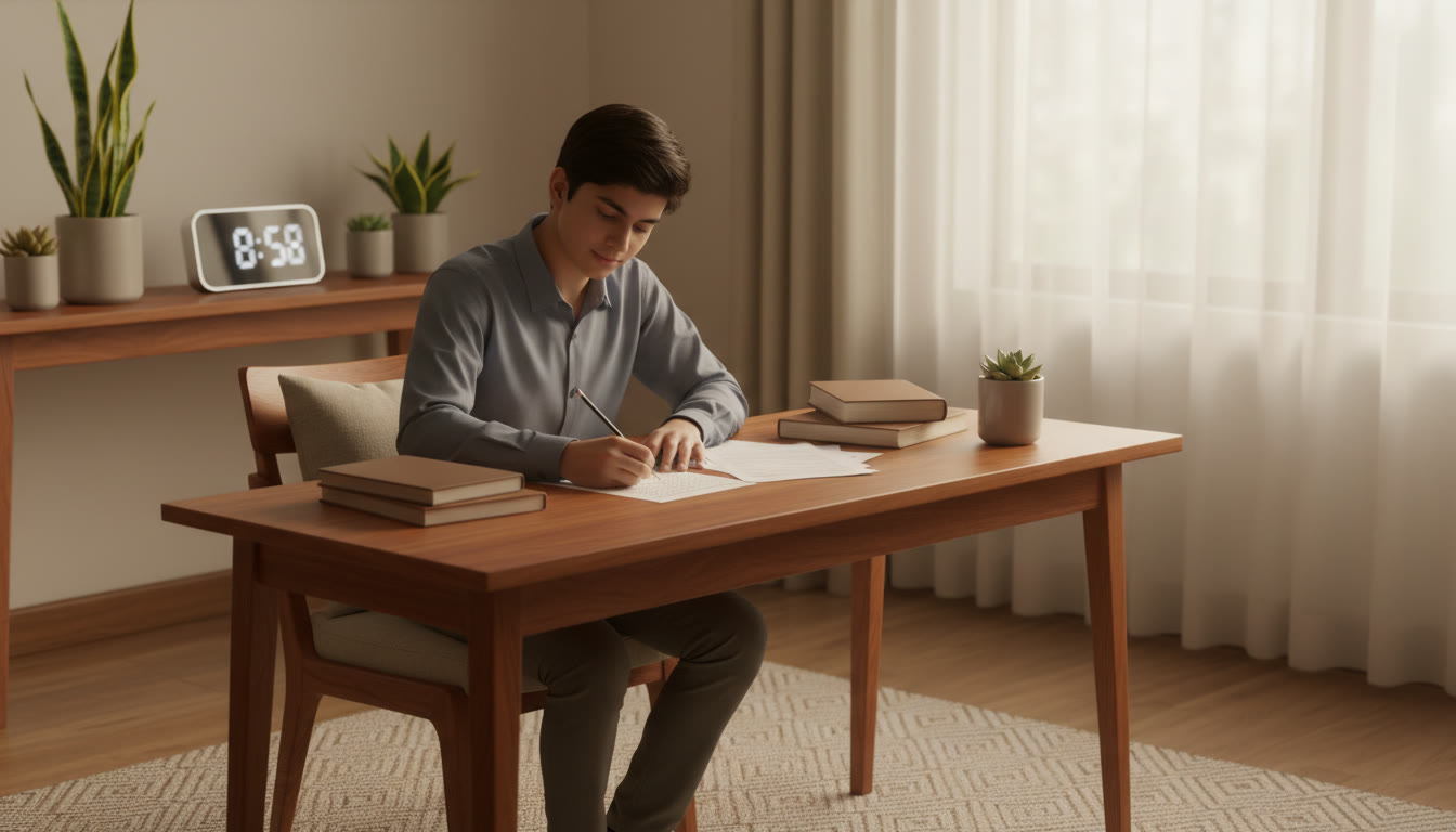 Photo Idea : A student filling an OMR sheet with a calm expression, a timer visible in the background