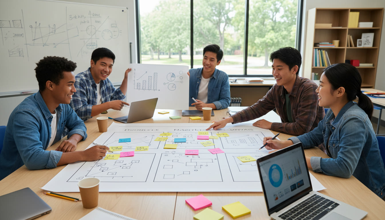 Photo Idea : Students around a table creating a business model canvas with sticky notes and graphs