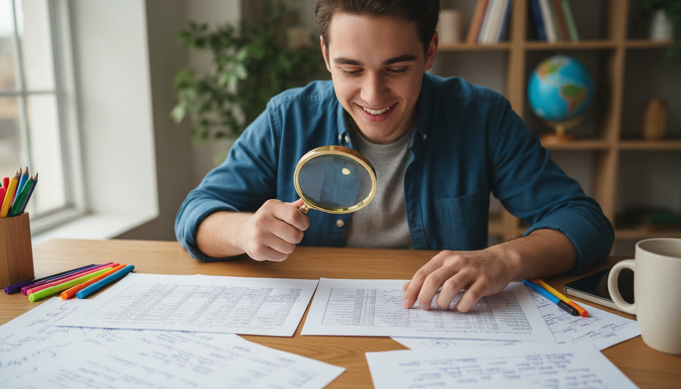 Photo Idea : Student at a desk comparing two printed data tables with a magnifying glass and notes
