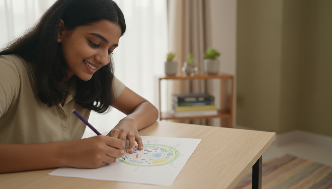 Photo Idea : Close-up of a student redrawing a biology diagram on a clean sheet with coloured pencils