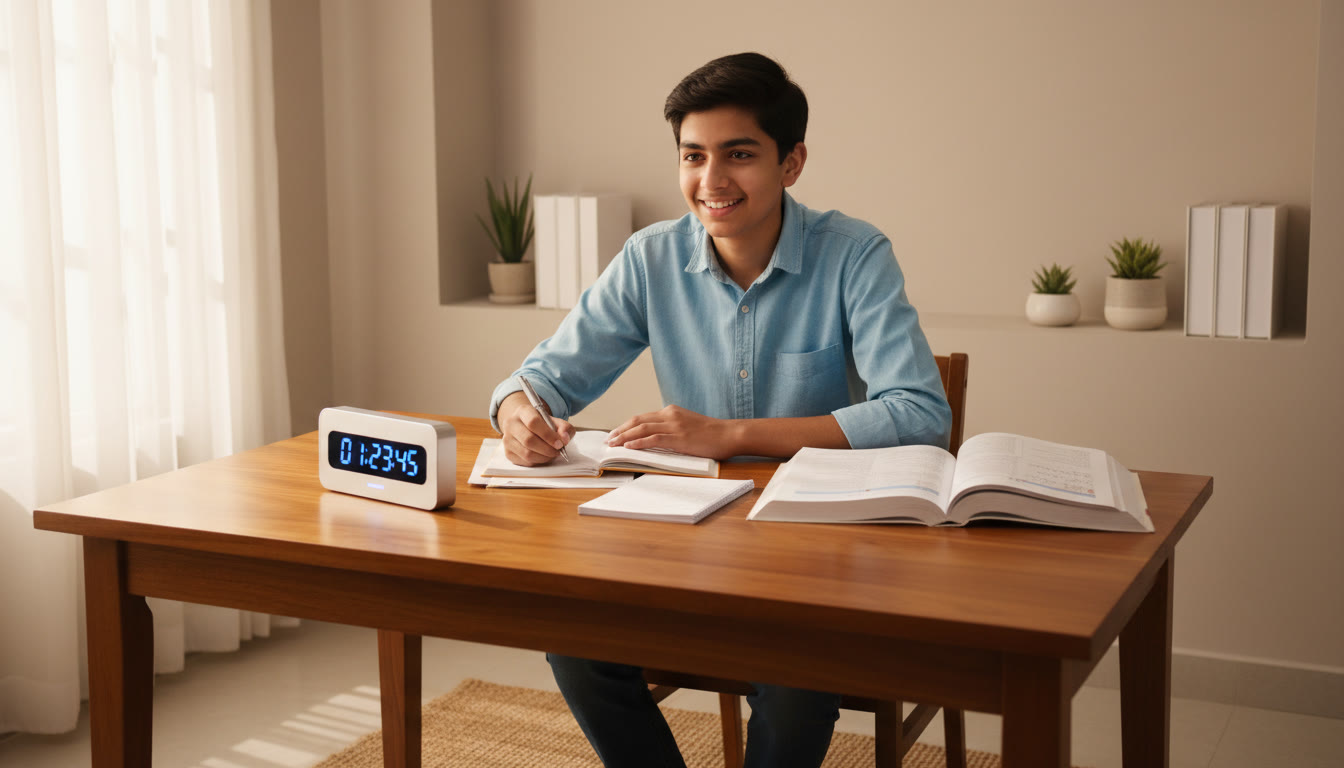 Photo Idea : A focused student at a tidy desk with physics and math books open, a timer on the table, soft natural light